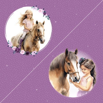 Ponyland Panel mauve Mädchen mit Pferd Stoffduo Eigenproduktion